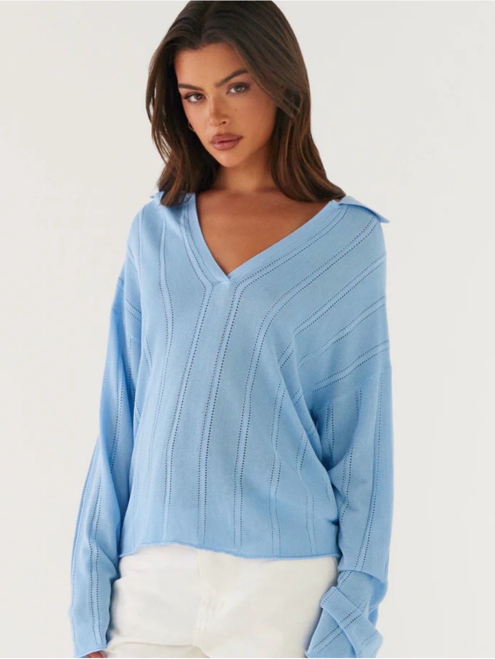 Peppermayo Annie Knit Polo Top - Blue Women’s V‑Neck Light Blue Knit Sweater